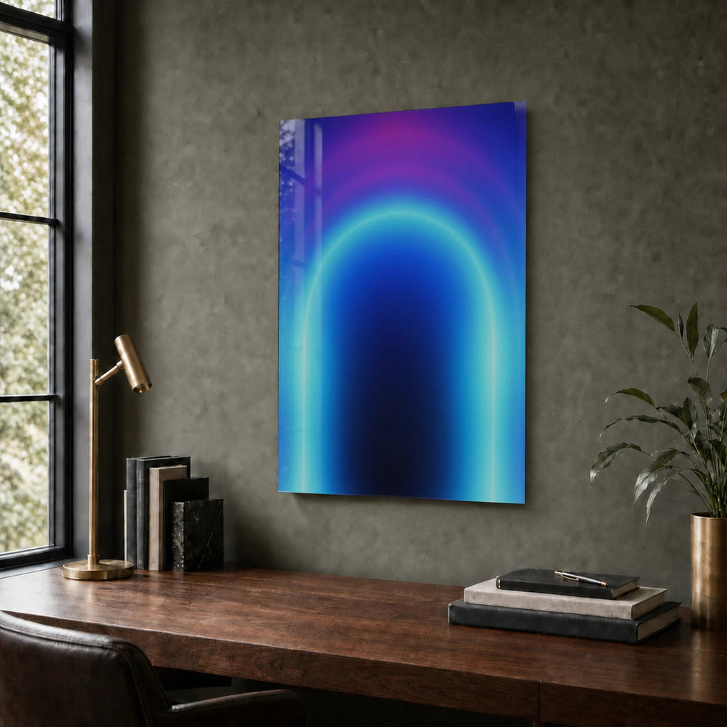 Cobalt Arch with crisp glass reflection in an office