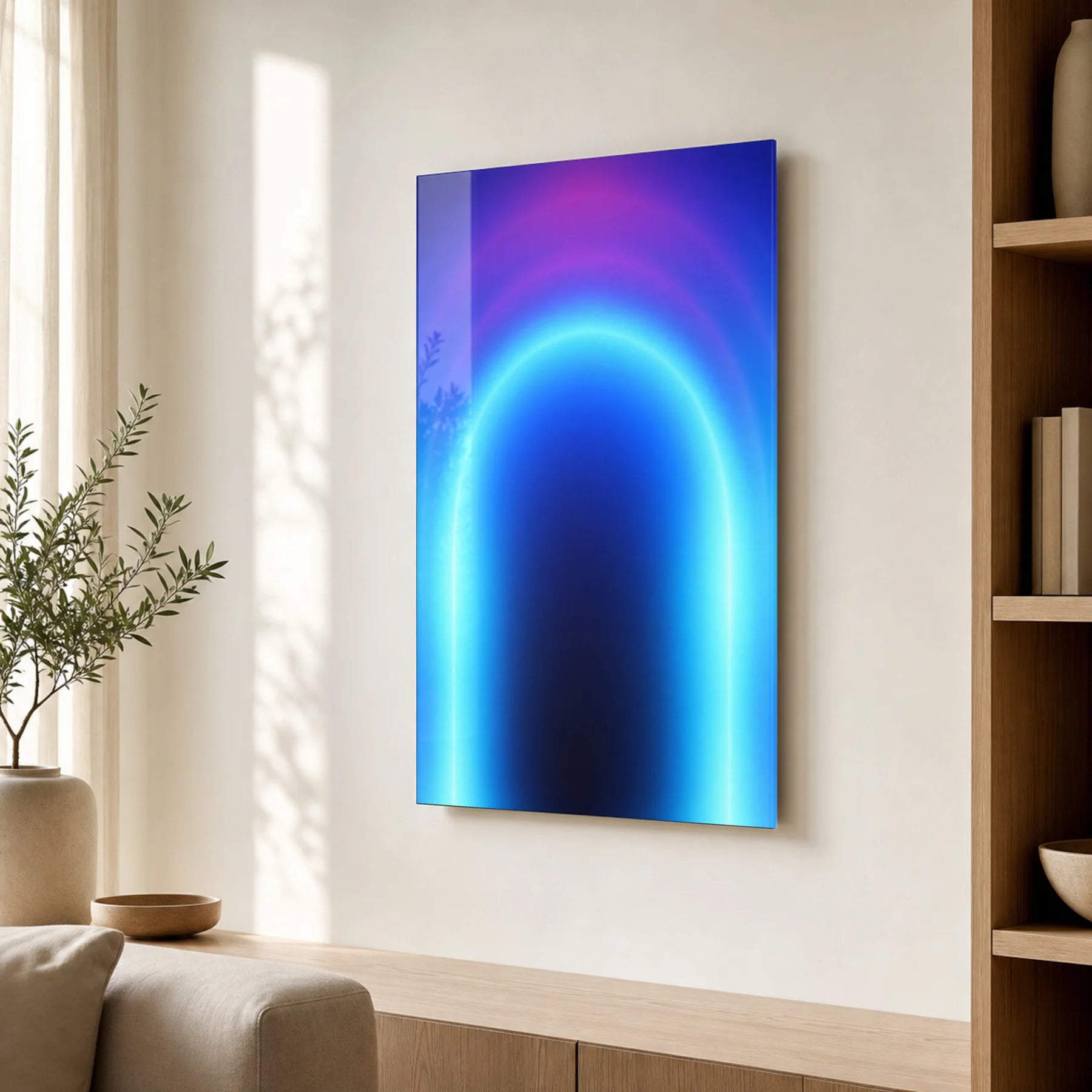 Angled room view showing Cobalt Arch wall float