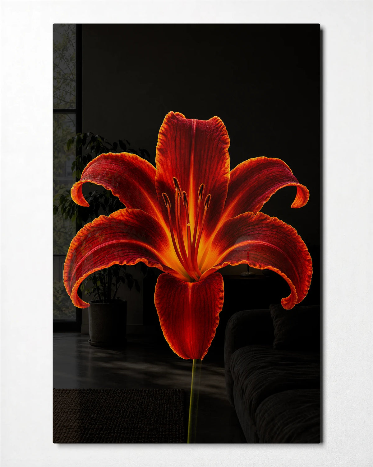 Ember Lily — front view of glass wall art