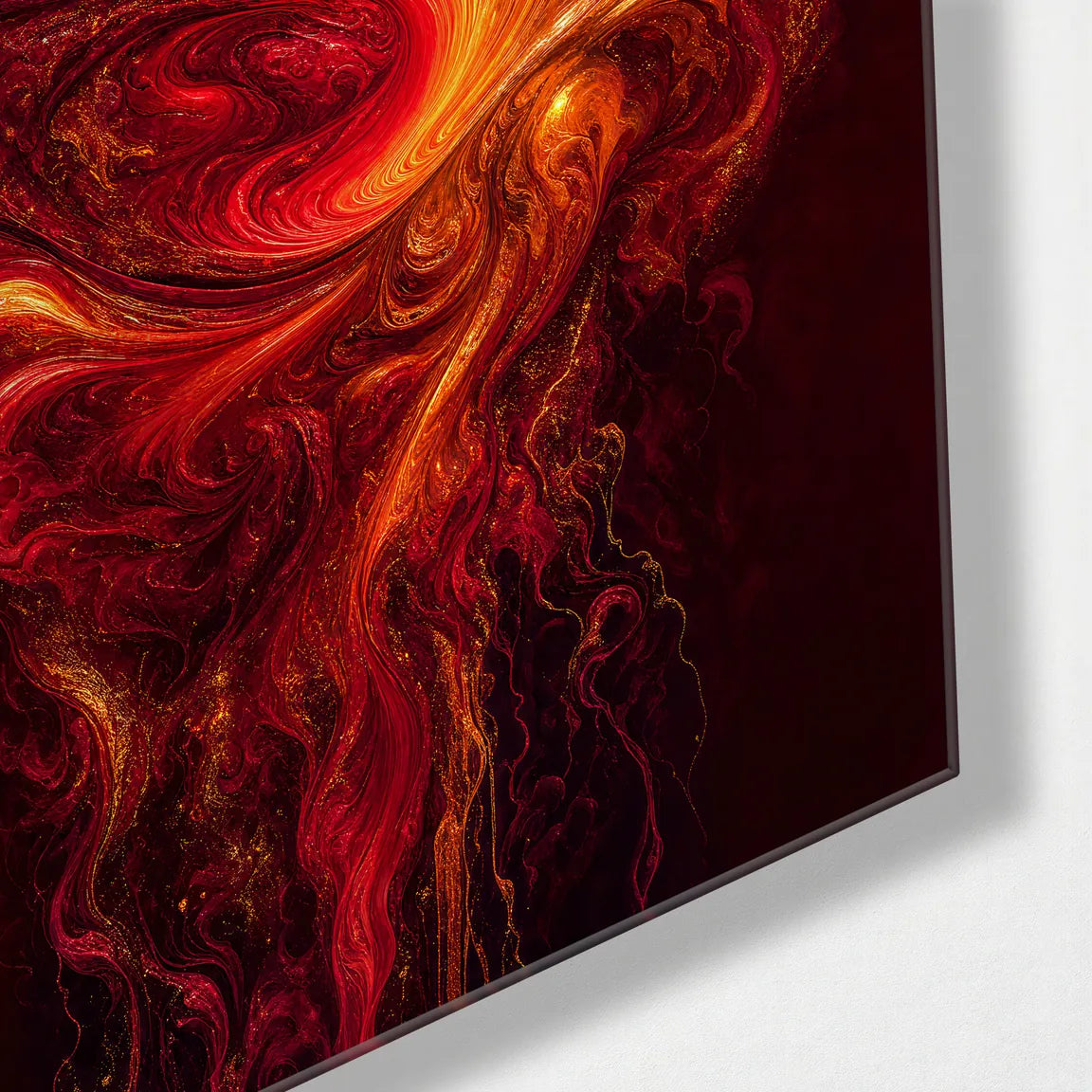 Flame in Motion — corner detail of glass wall art