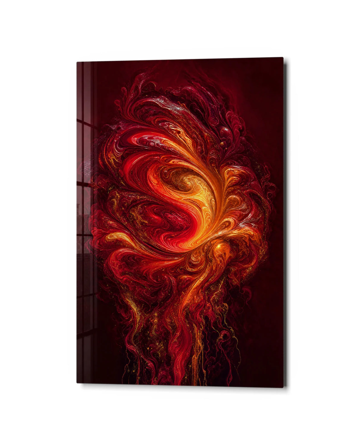 Flame in Motion — studio view of glass wall art