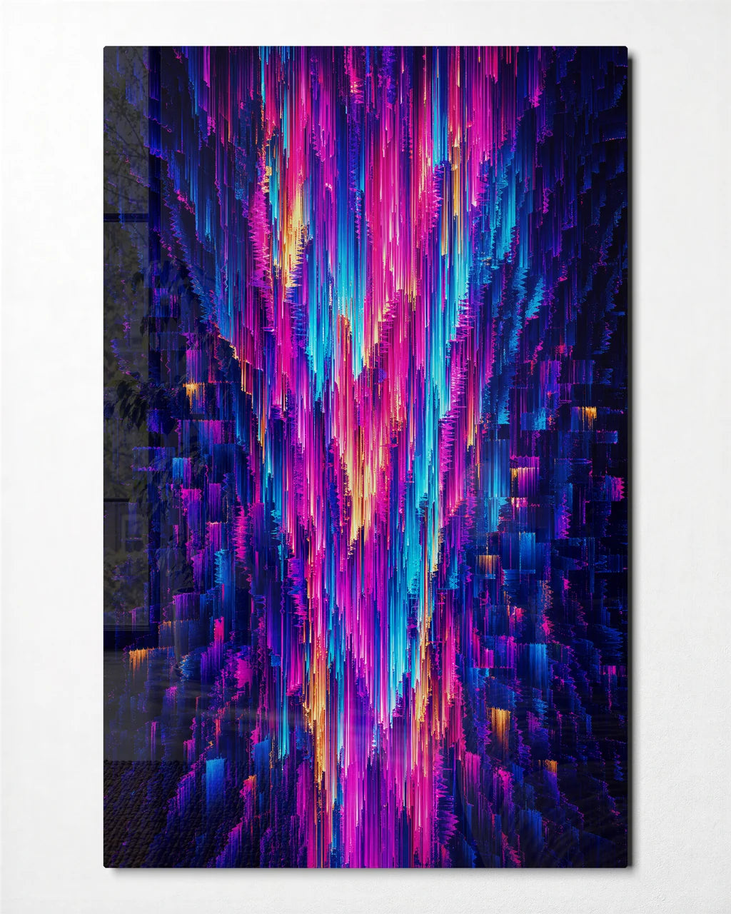 Electric Cascade — front view of glass wall art