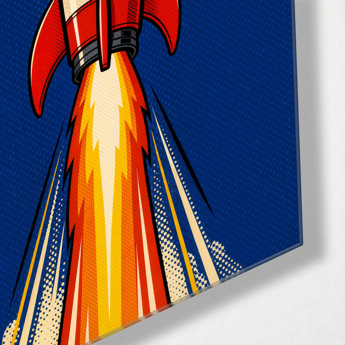 Rocket Through Blue — corner detail of glass wall art