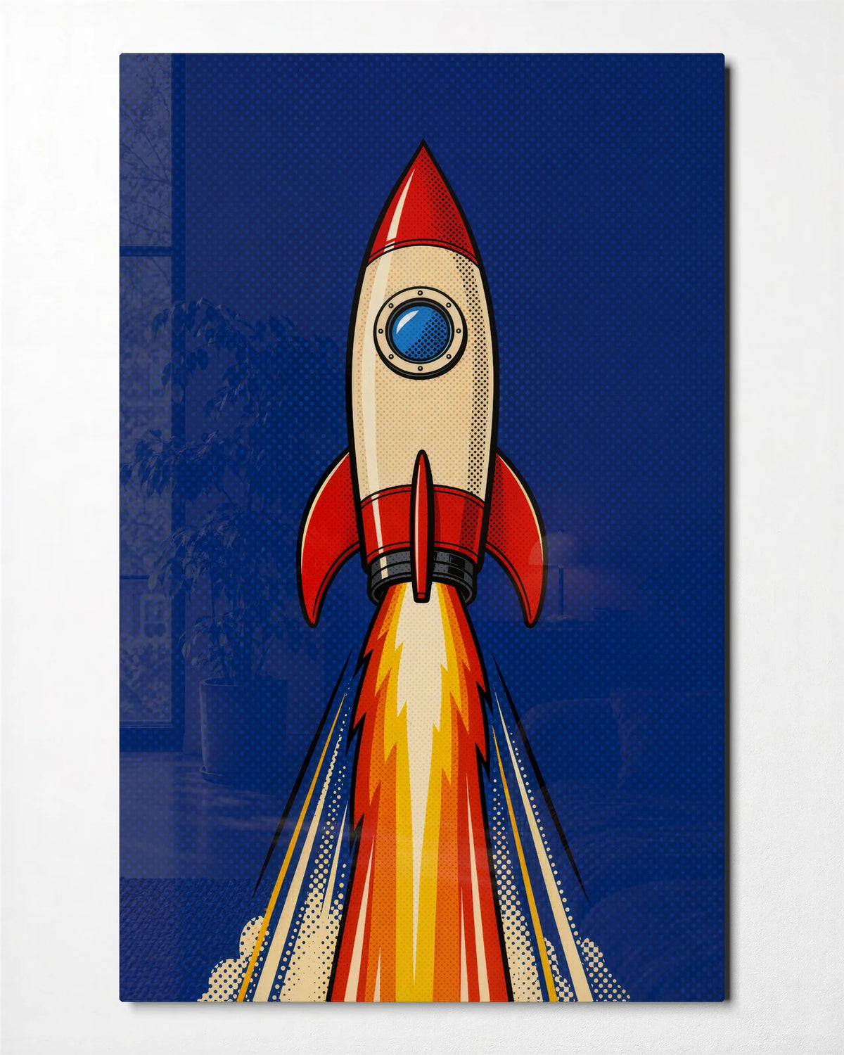 Rocket Through Blue — front view of glass wall art