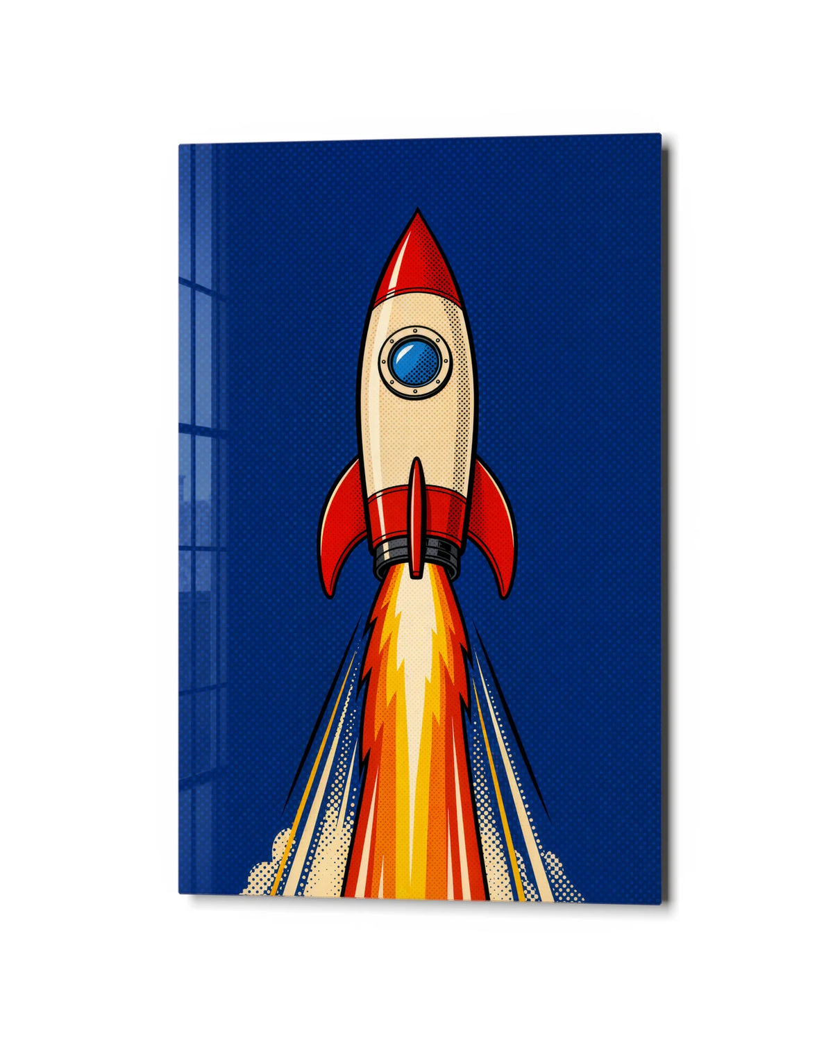 Rocket Through Blue — studio view of glass wall art