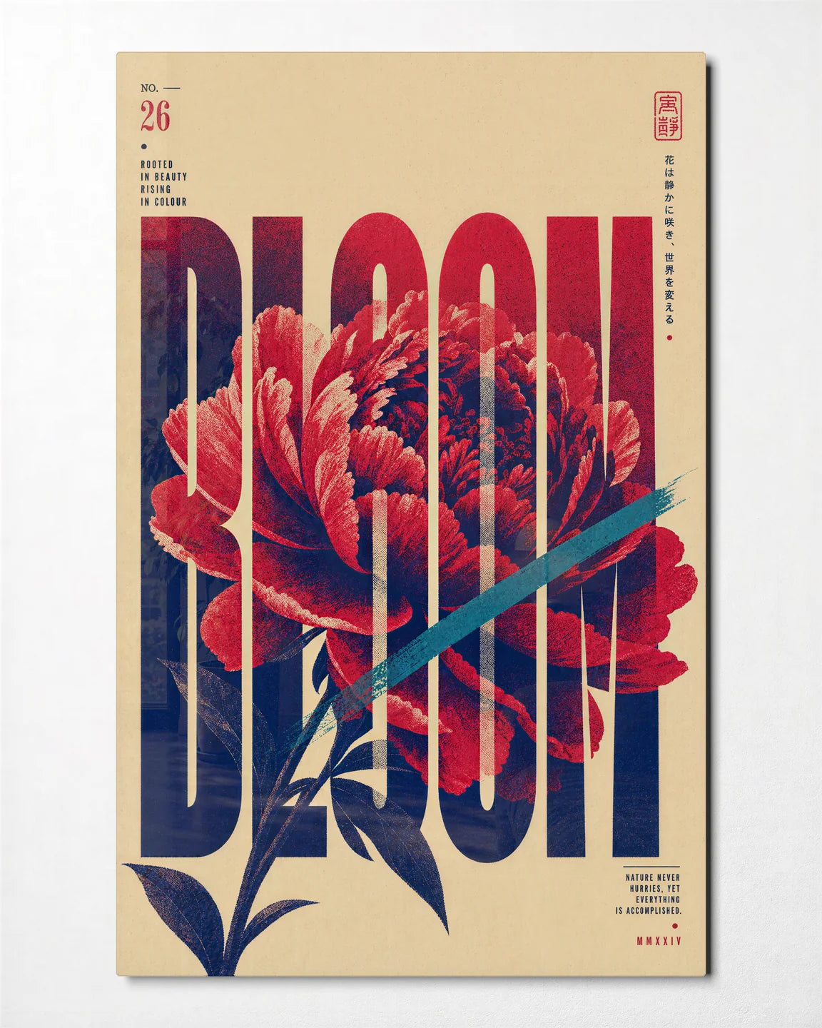 Bloom in Type — front view of glass wall art