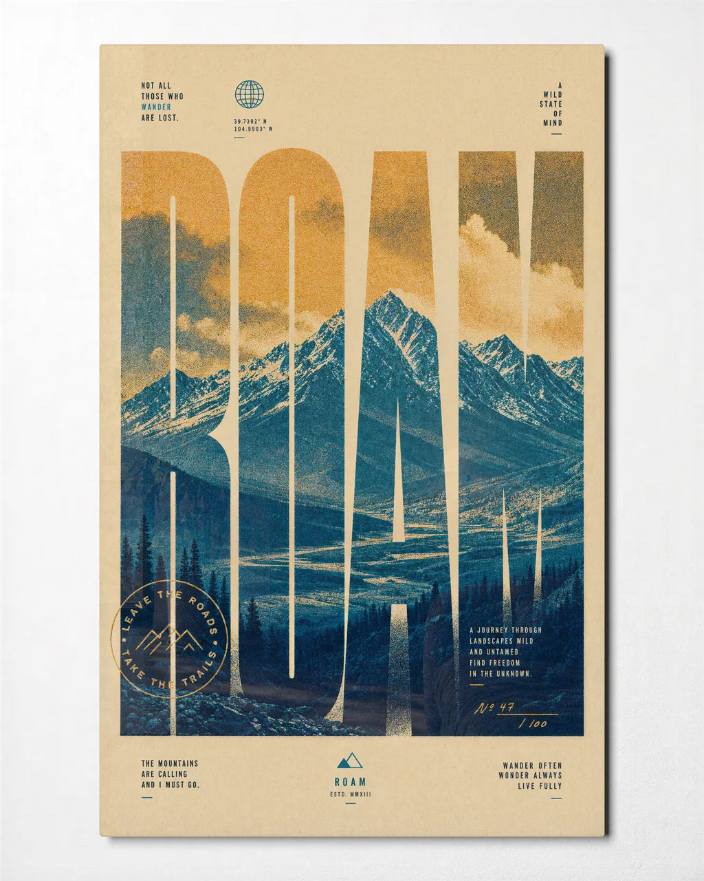 Roam Further — front view of glass wall art