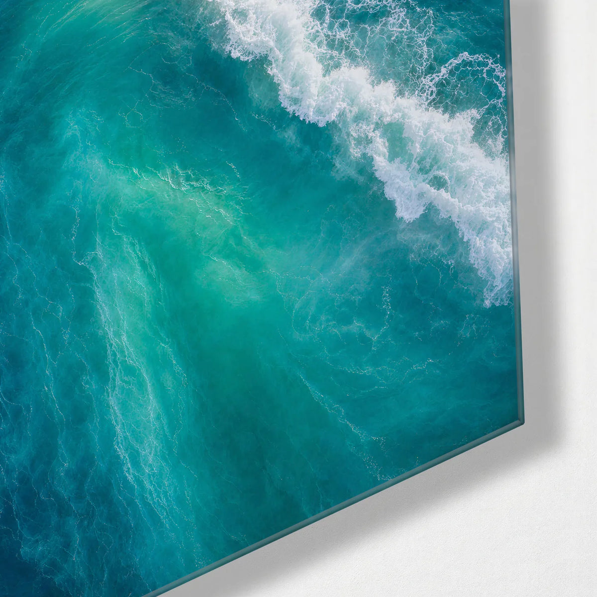 Turquoise Break — corner detail of glass wall art