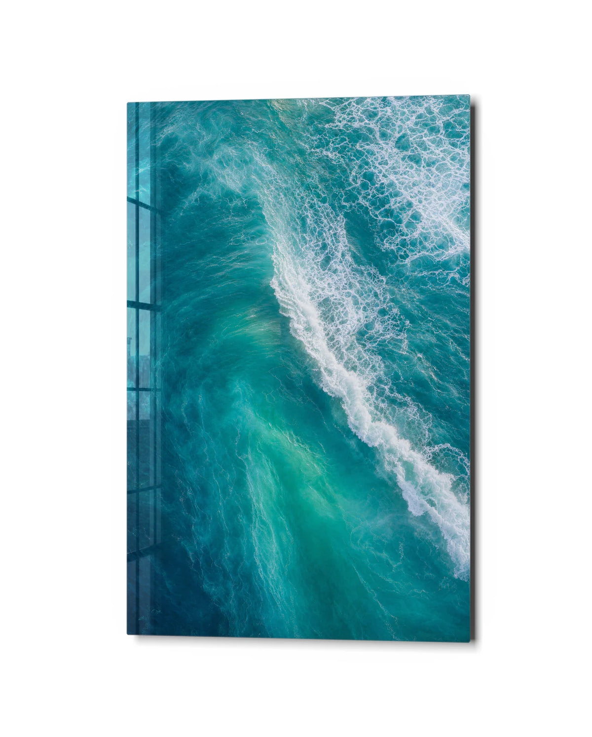 Turquoise Break — studio view of glass wall art