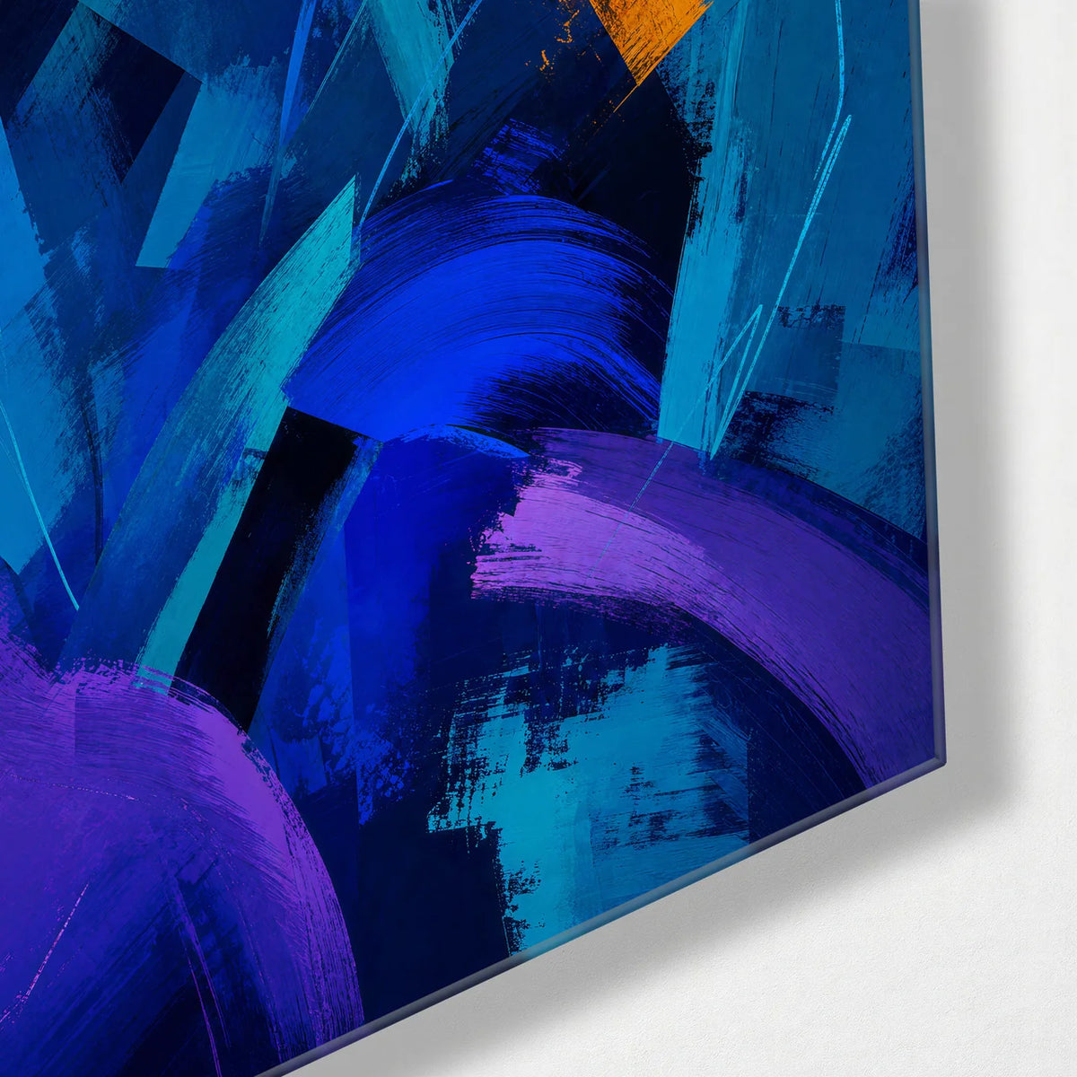 Blue Cut Through — corner detail of glass wall art