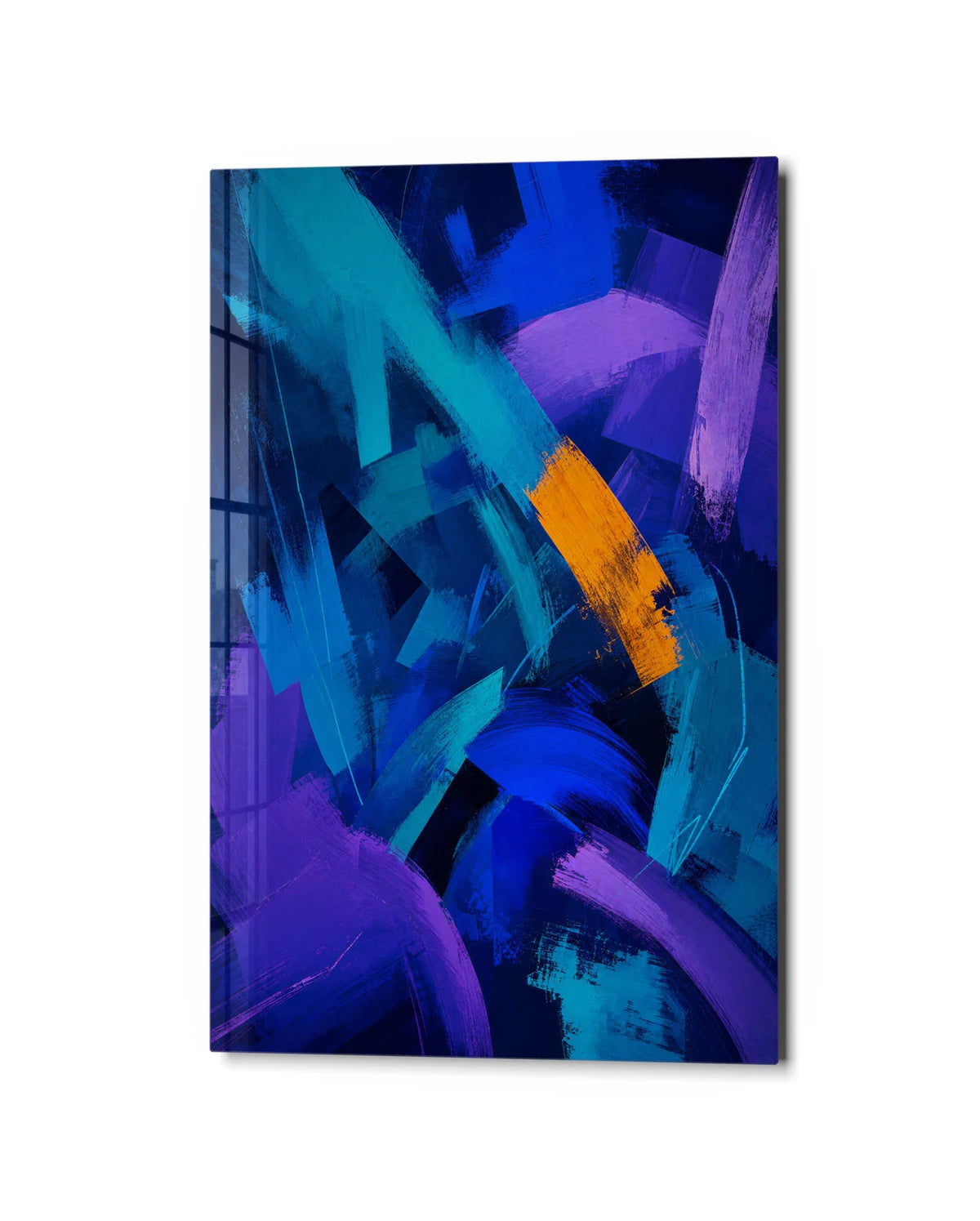 Blue Cut Through — studio view of glass wall art