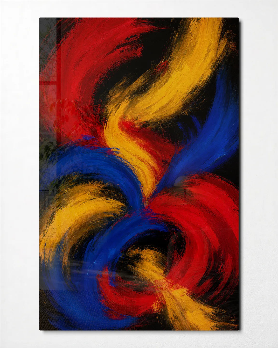 Primary Colours Turning — front view of glass wall art