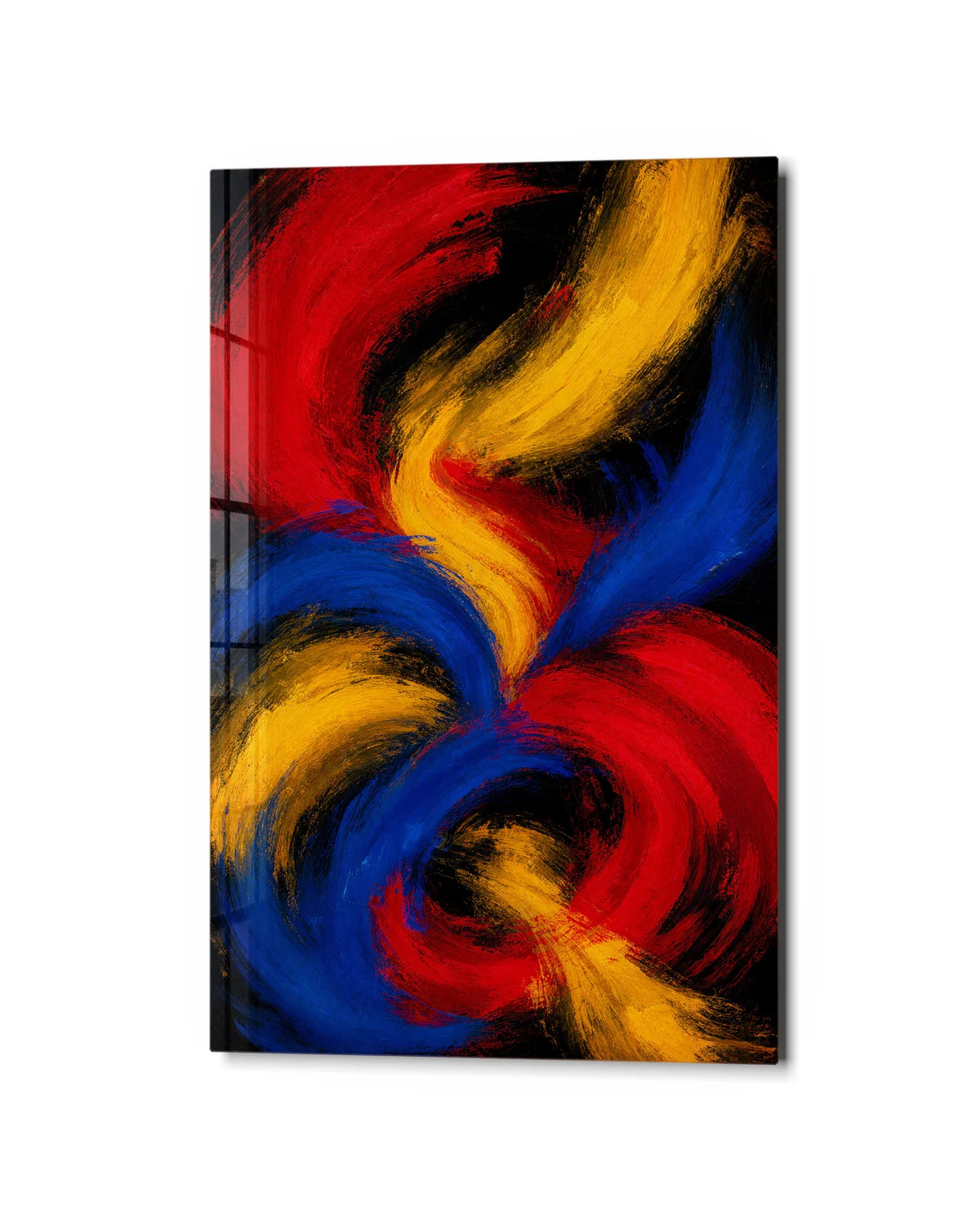 Primary Colours Turning — studio view of glass wall art