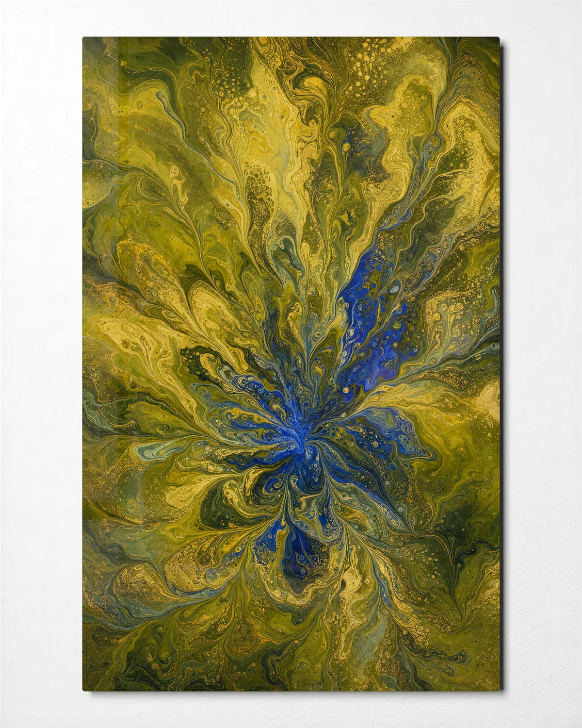 Golden Current — front view of glass wall art
