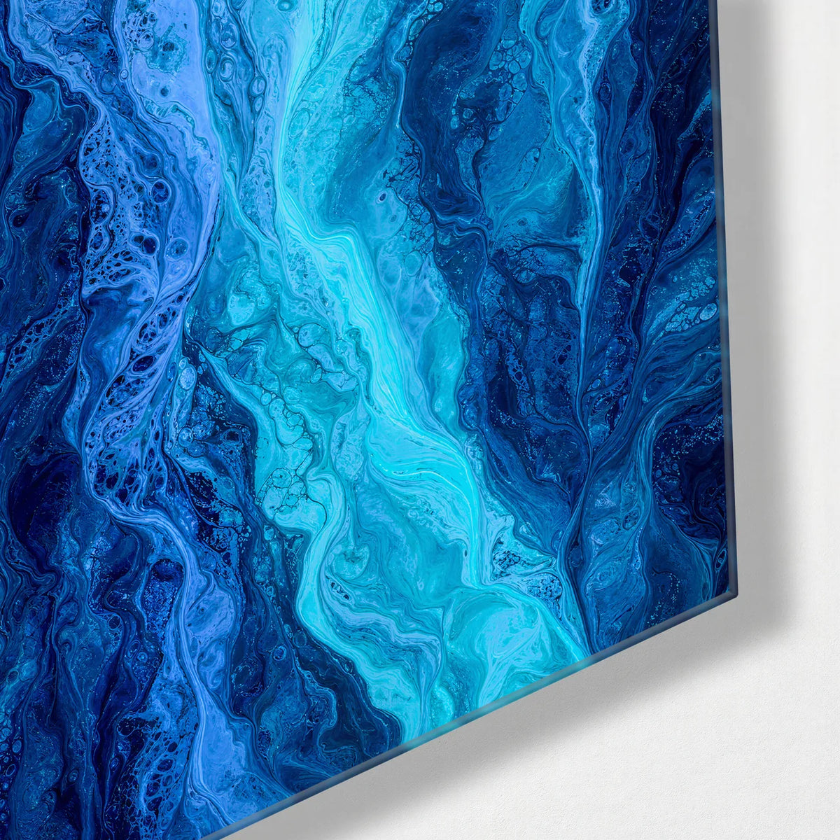Blue Veins — corner detail of glass wall art