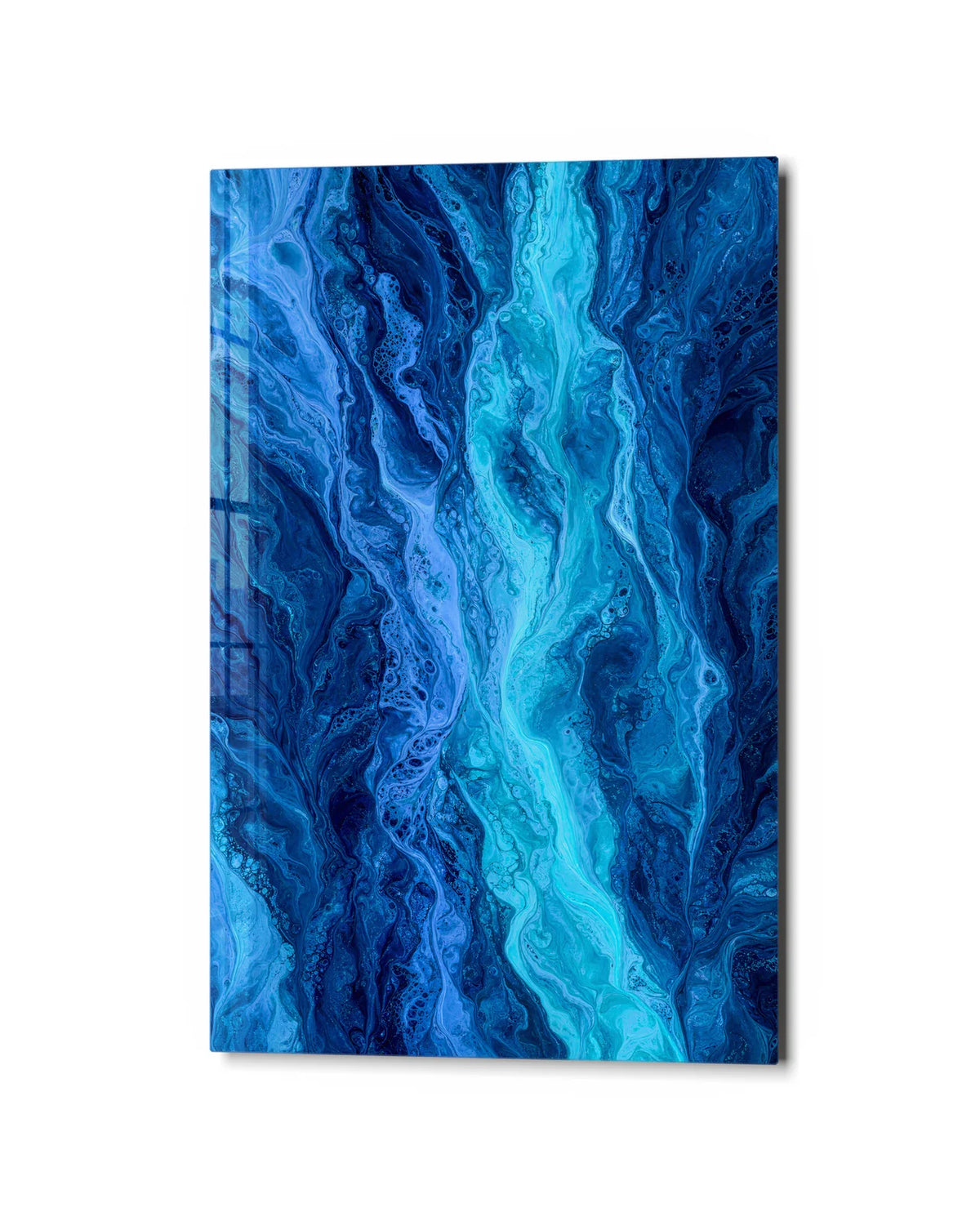 Blue Veins — studio view of glass wall art