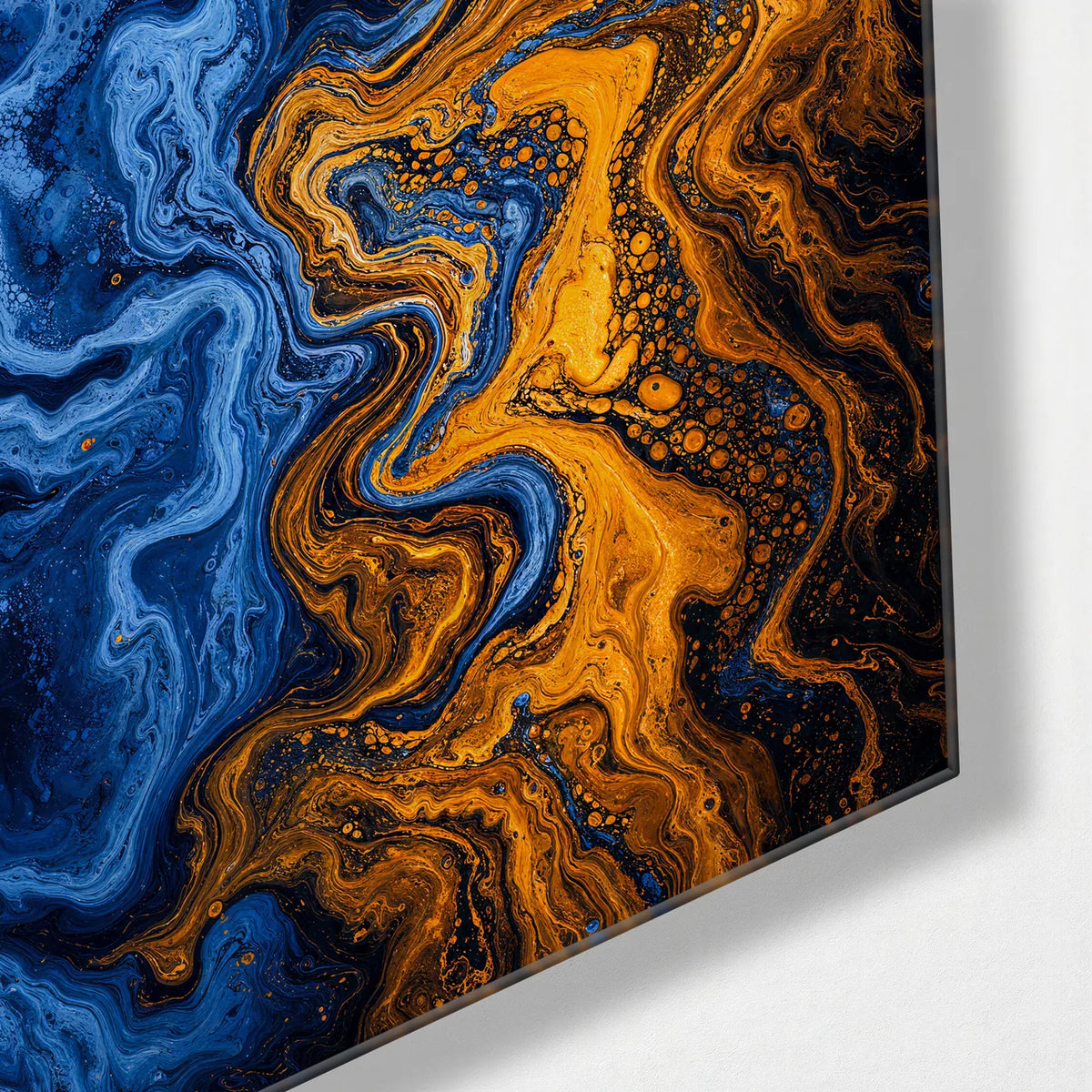 Blue Meets Amber — corner detail of glass wall art