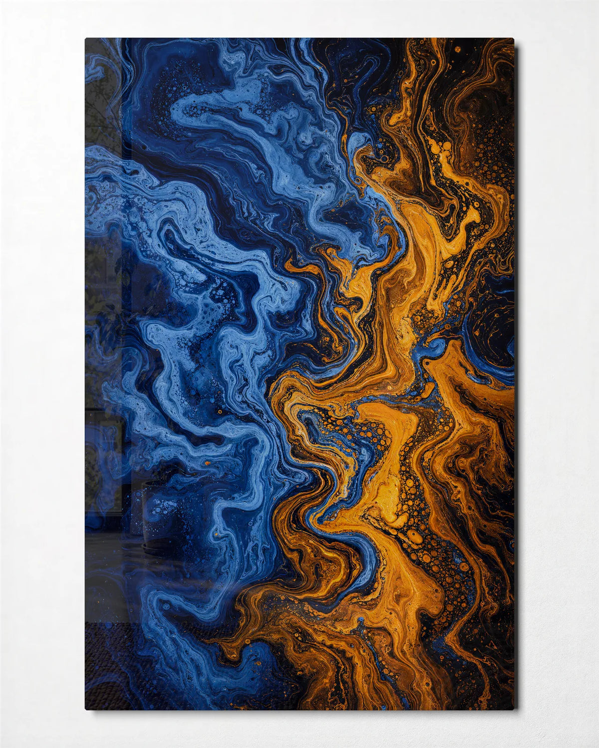 Blue Meets Amber — front view of glass wall art