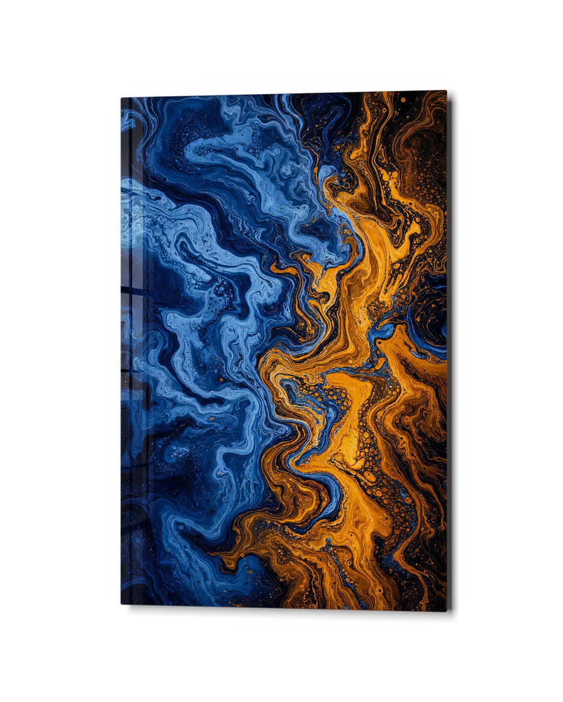 Blue Meets Amber — studio view of glass wall art