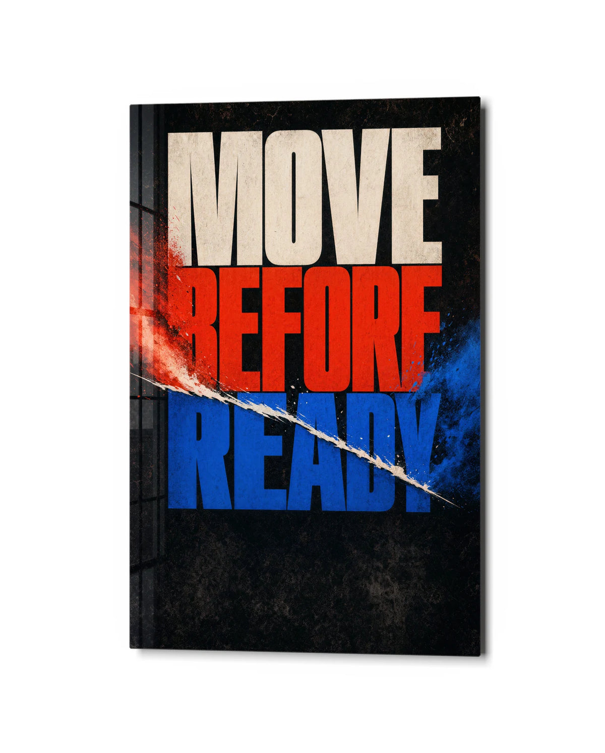 Move Before Ready — studio view of glass wall art