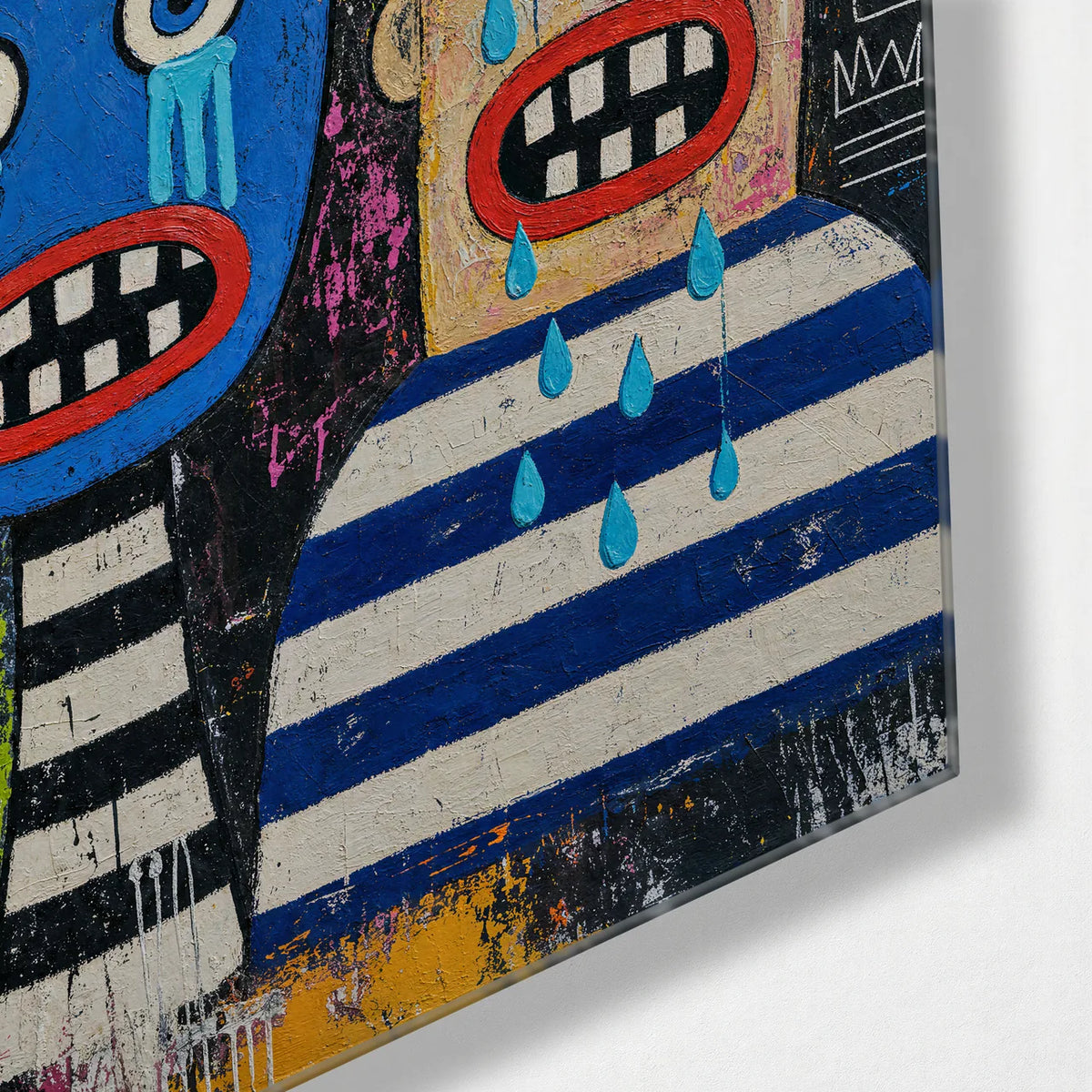Two Tearful Faces — corner detail of glass wall art