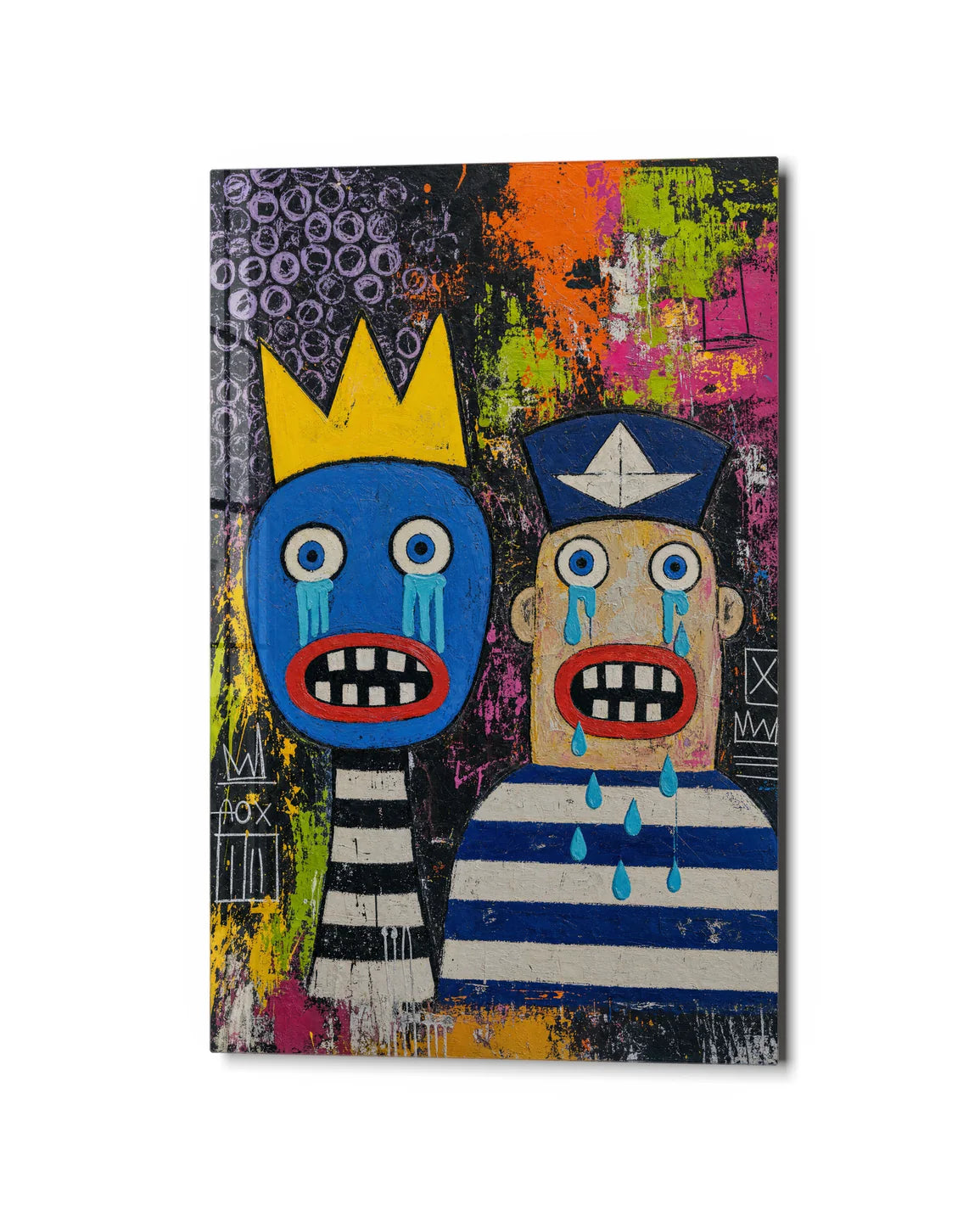 Two Tearful Faces — studio view of glass wall art