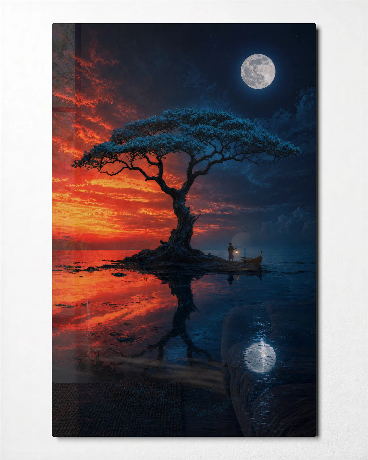 Between Sun and Moon — front view of glass wall art