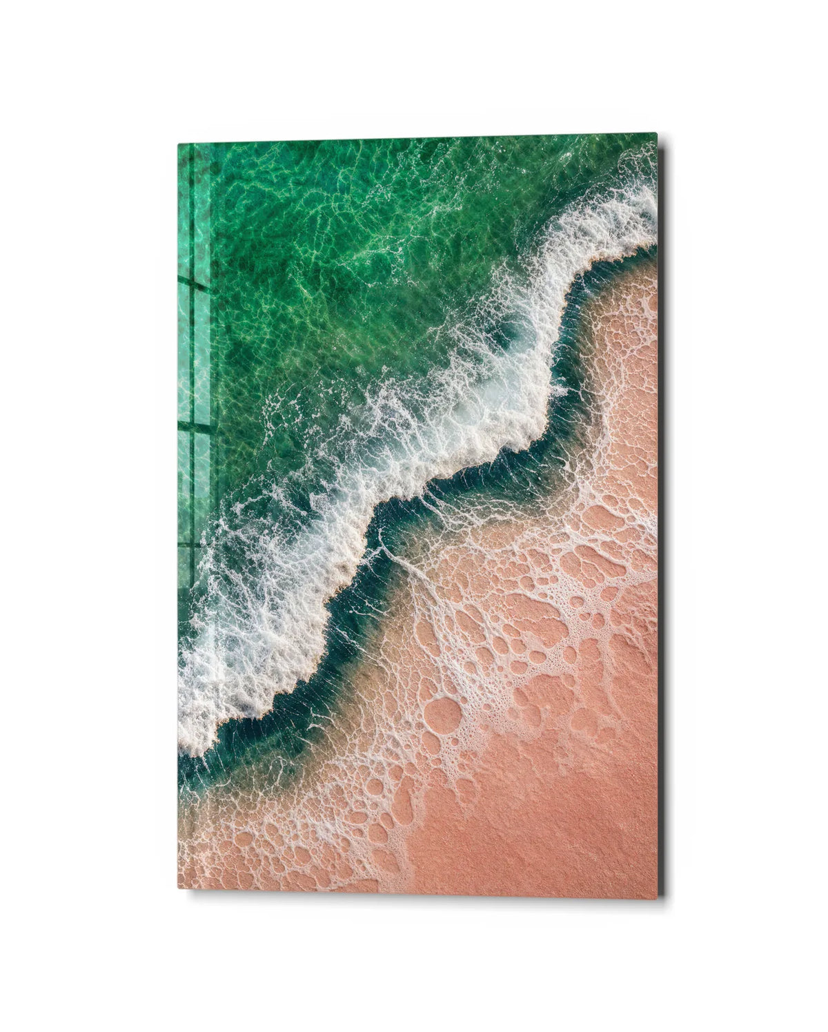 Emerald Shore — studio view of glass wall art