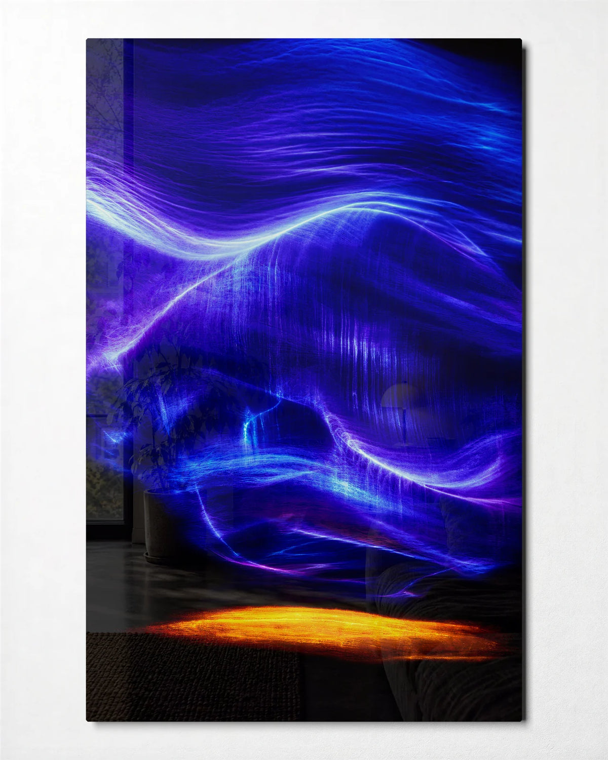 Blue Light Drifting — front view of glass wall art