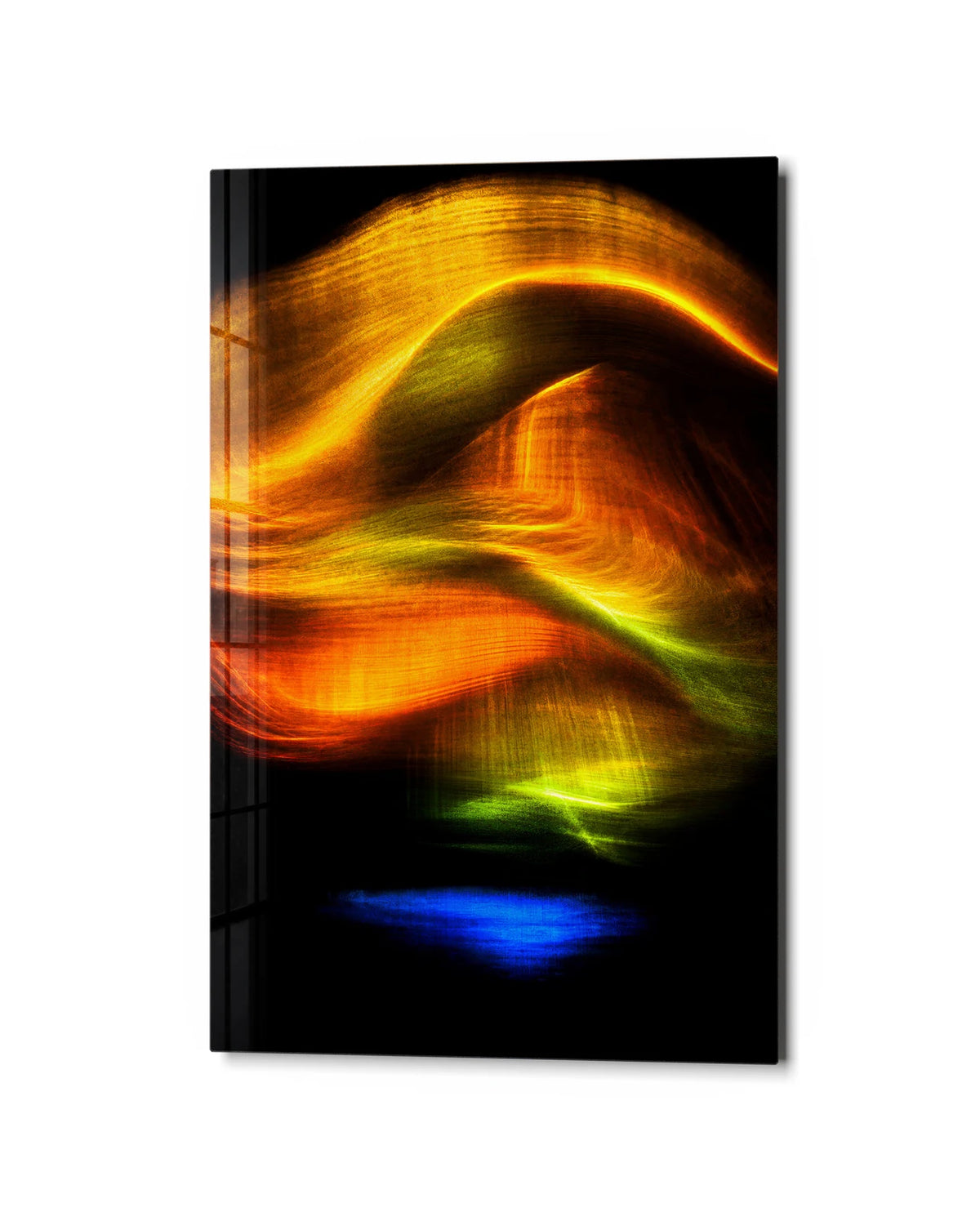 Golden Light Drifting — studio view of glass wall art