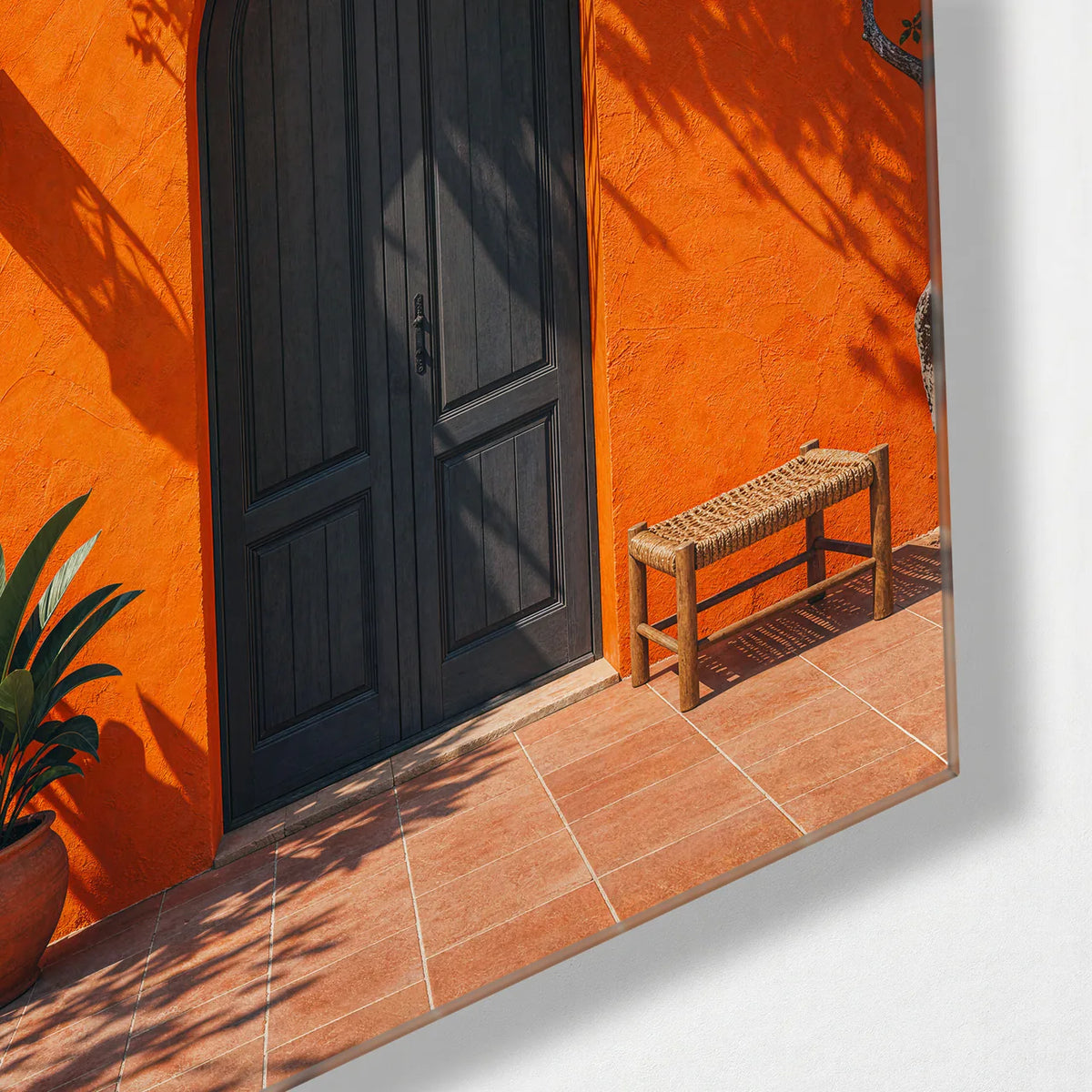The Orange Doorway — corner detail of glass wall art