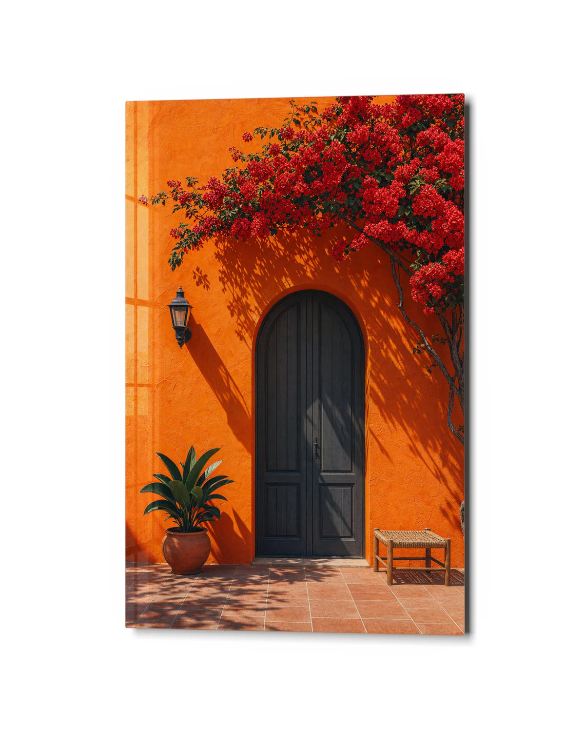 The Orange Doorway — studio view of glass wall art