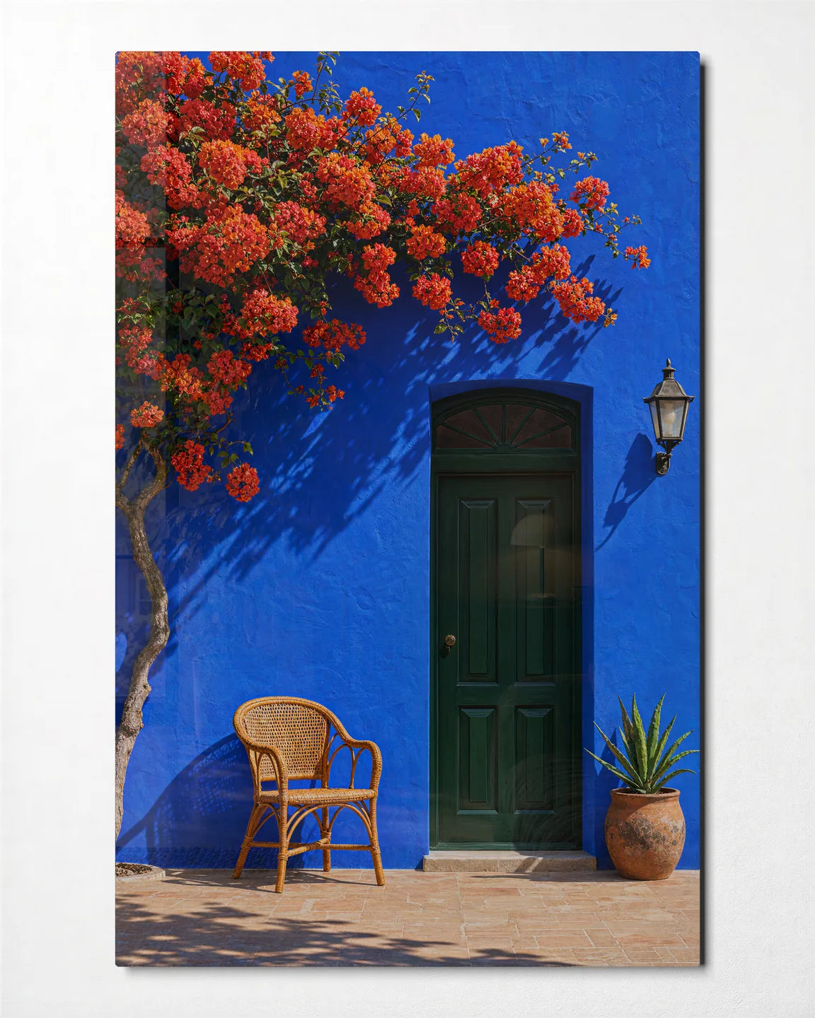 Blue Courtyard — front view of glass wall art