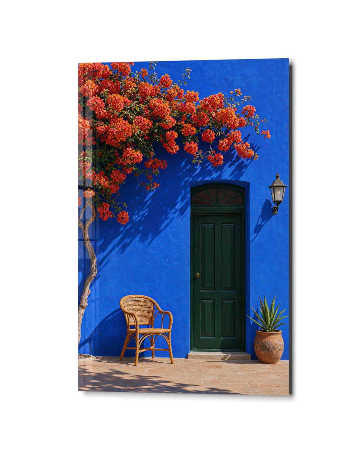 Blue Courtyard — studio view of glass wall art