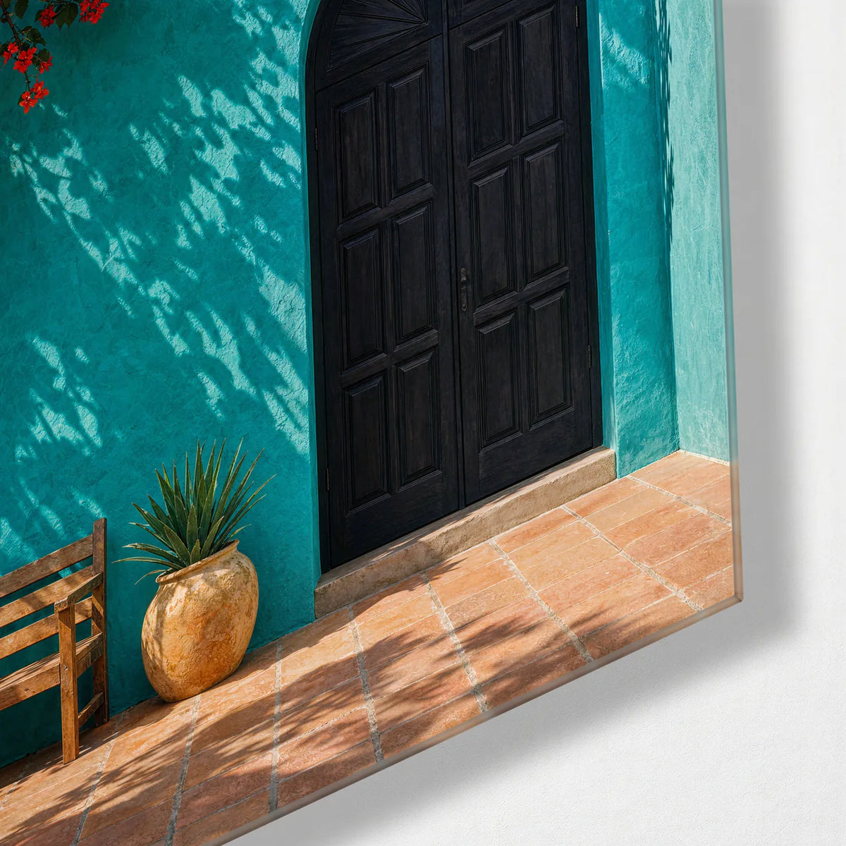 The Turquoise Doorway — corner detail of glass wall art