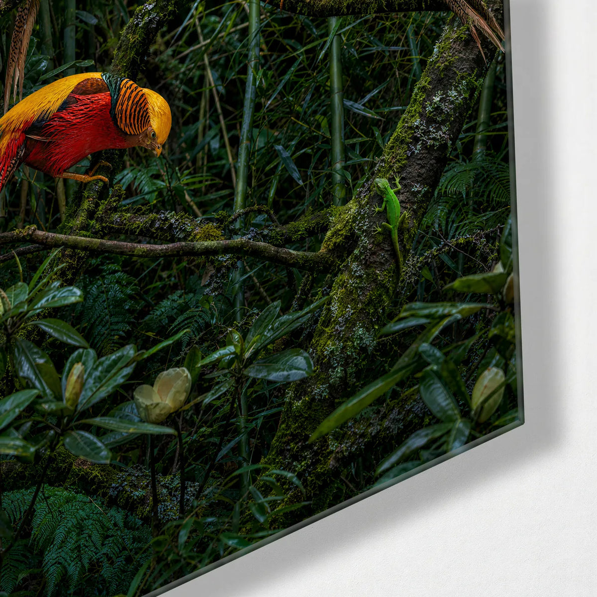 Birds in the Green — corner detail of glass wall art