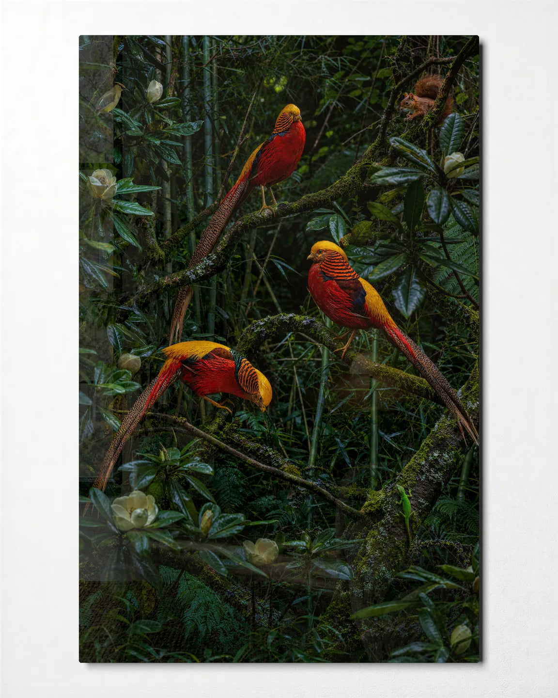 Birds in the Green — front view of glass wall art
