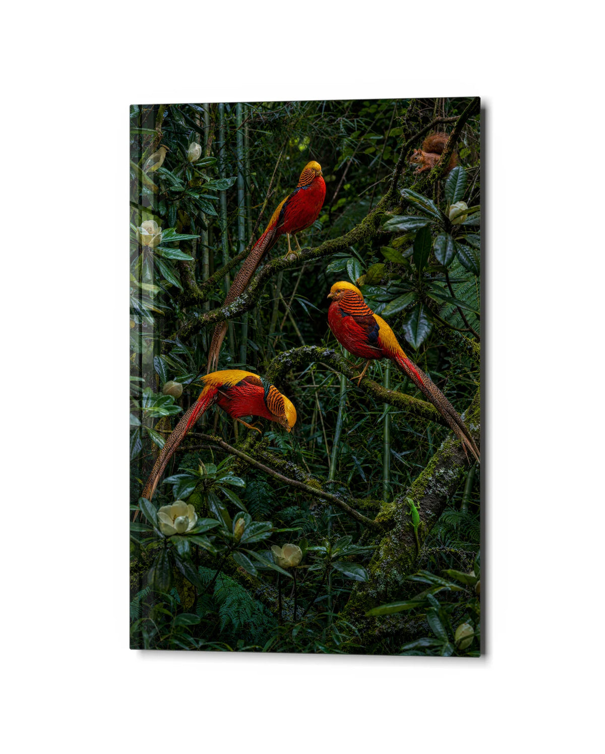 Birds in the Green — studio view of glass wall art