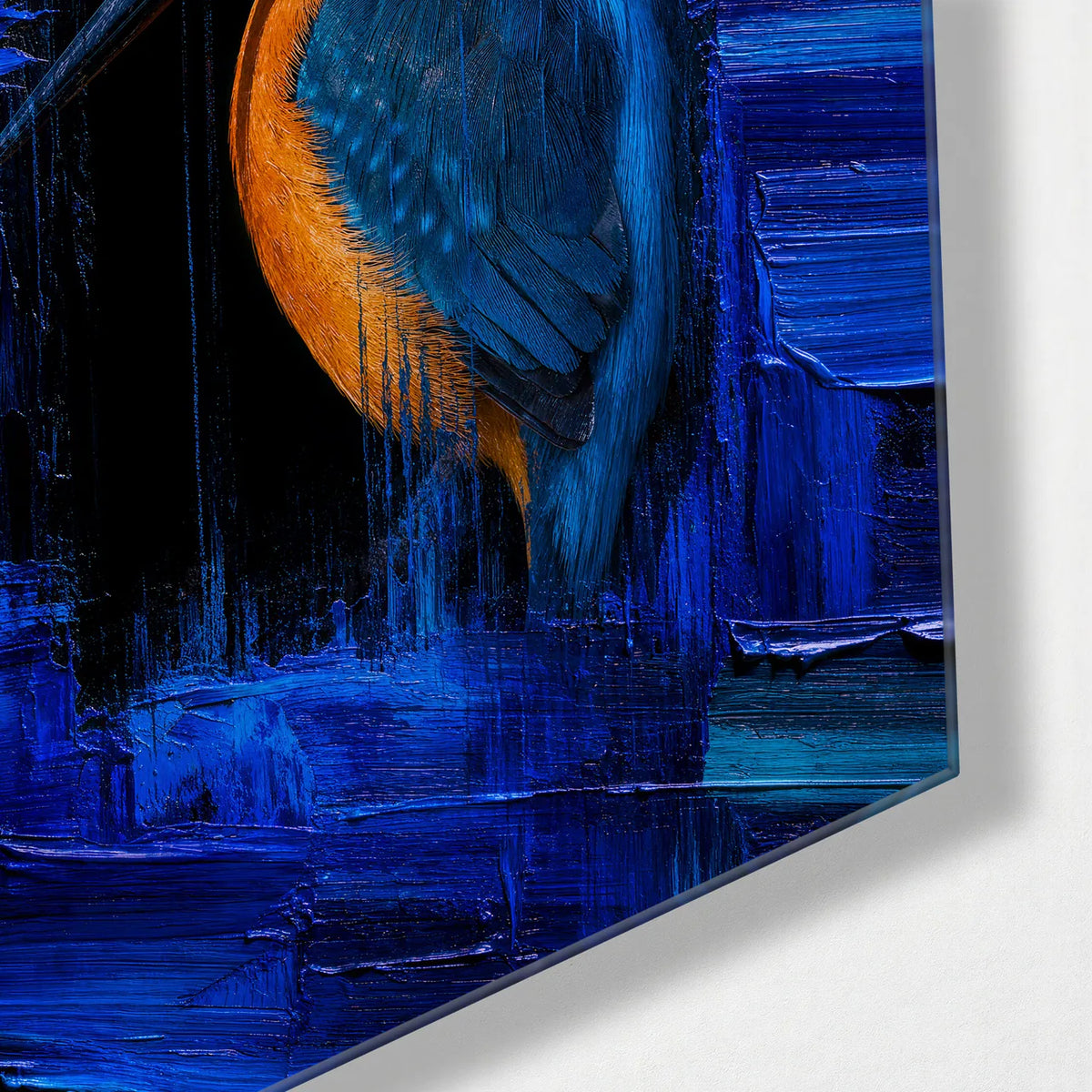 Kingfisher in Blue — corner detail of glass wall art