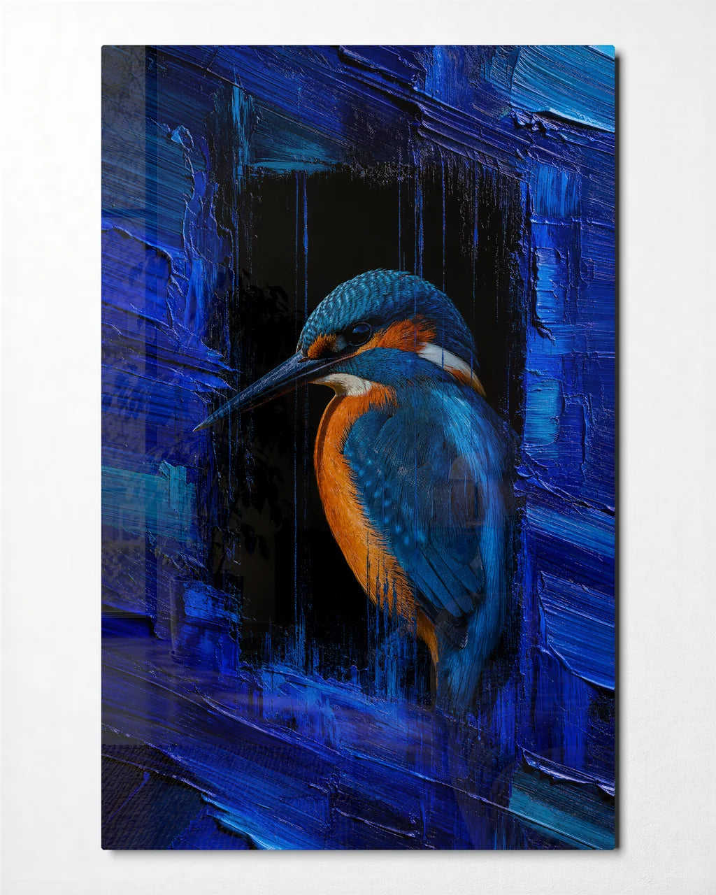 Kingfisher in Blue — front view of glass wall art