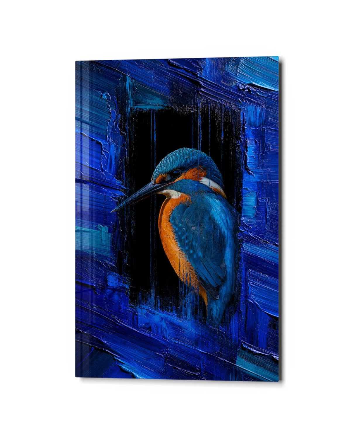 Kingfisher in Blue — studio view of glass wall art
