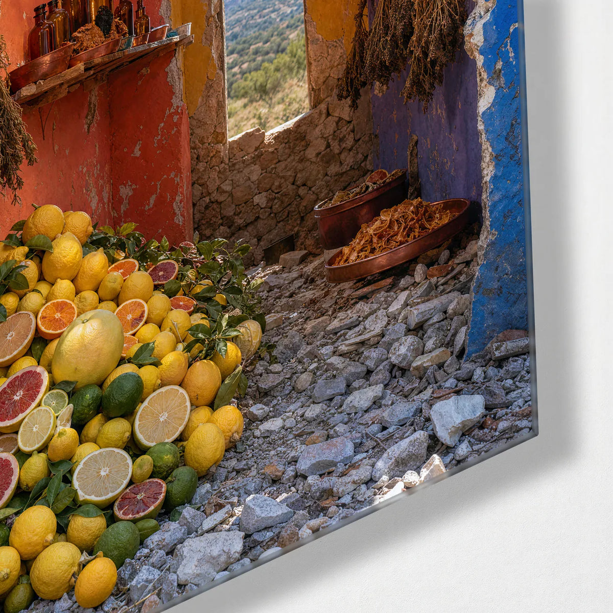 Citrus Through the Door — corner detail of glass wall art