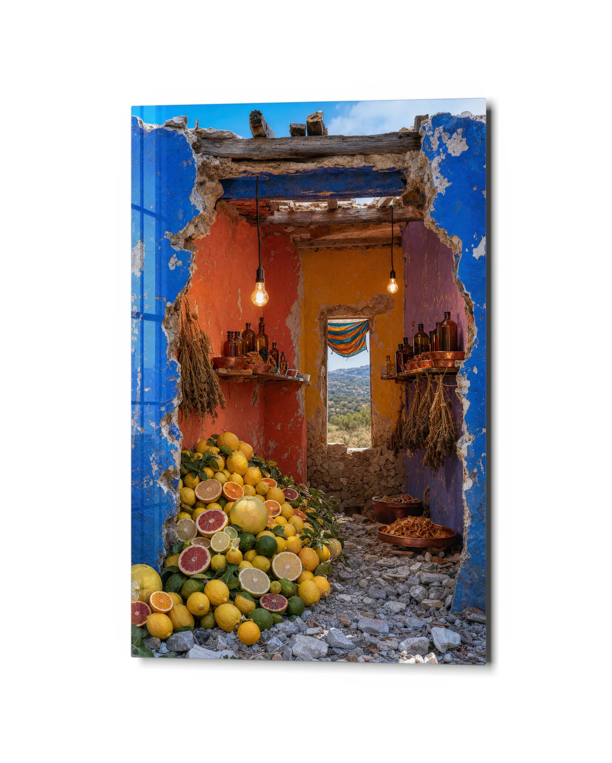 Citrus Through the Door — studio view of glass wall art