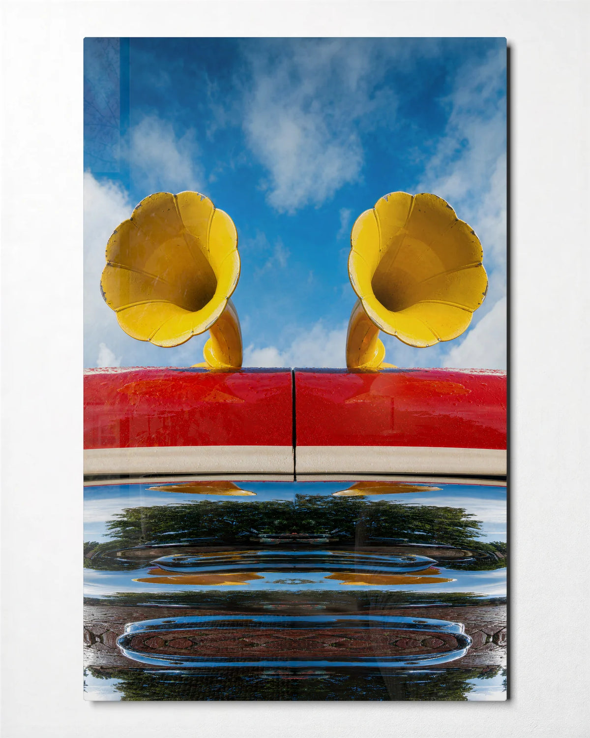 Double Yellow Horns — front view of glass wall art