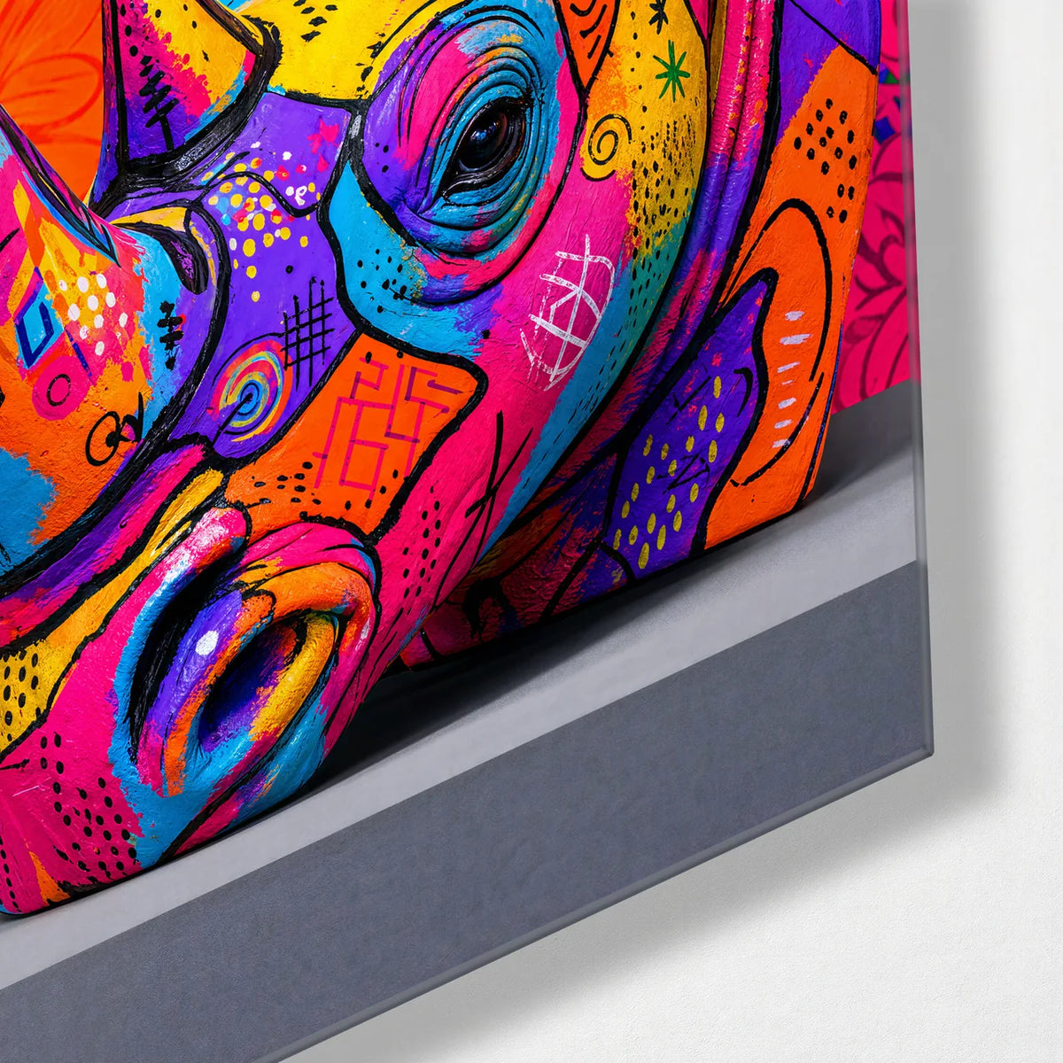 Rhino in Colour — corner detail of glass wall art