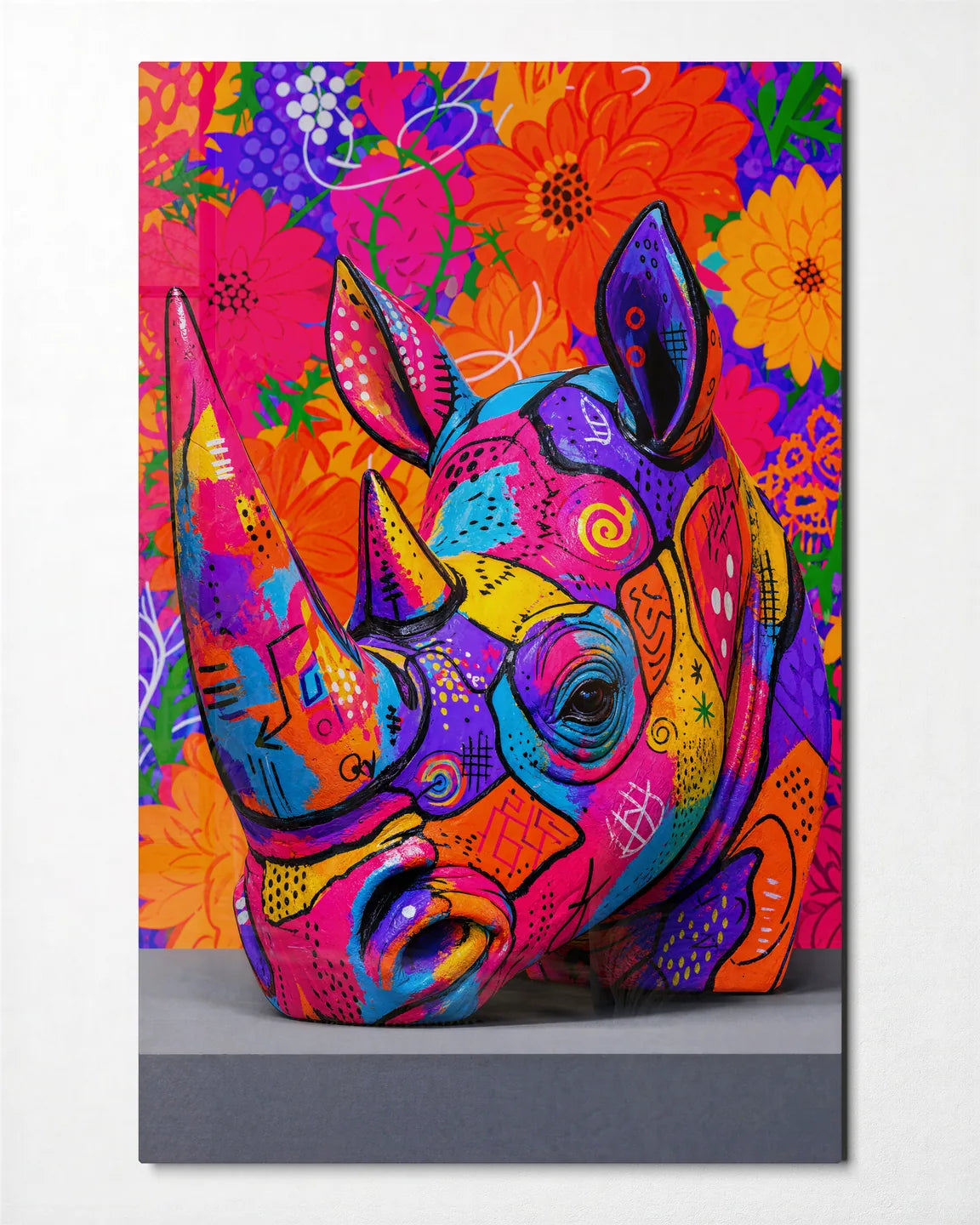 Rhino in Colour — front view of glass wall art