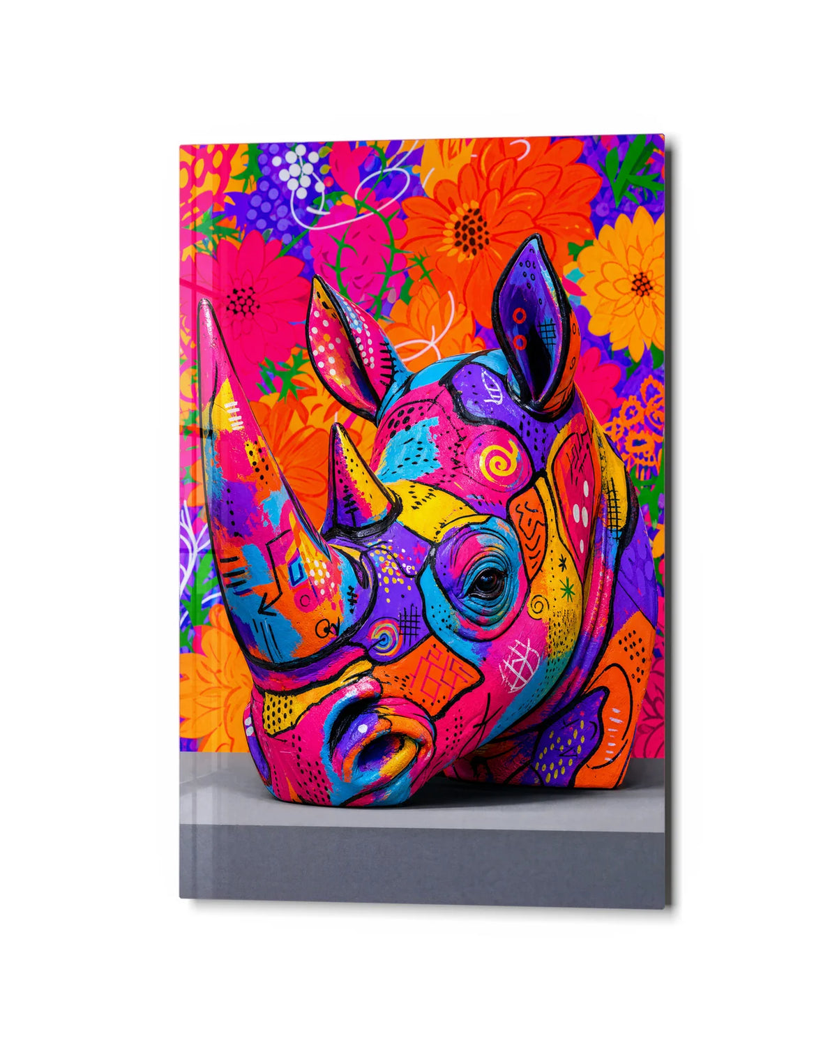 Rhino in Colour — studio view of glass wall art