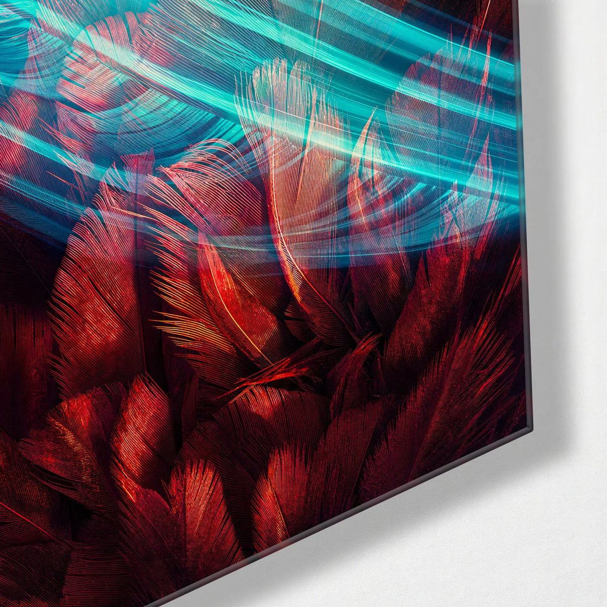 Across the Feather — corner detail of glass wall art