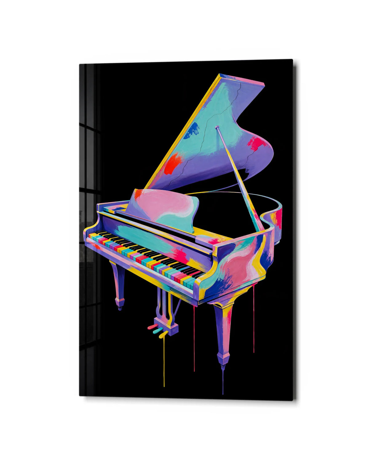 Piano in Full Colour — studio view of glass wall art