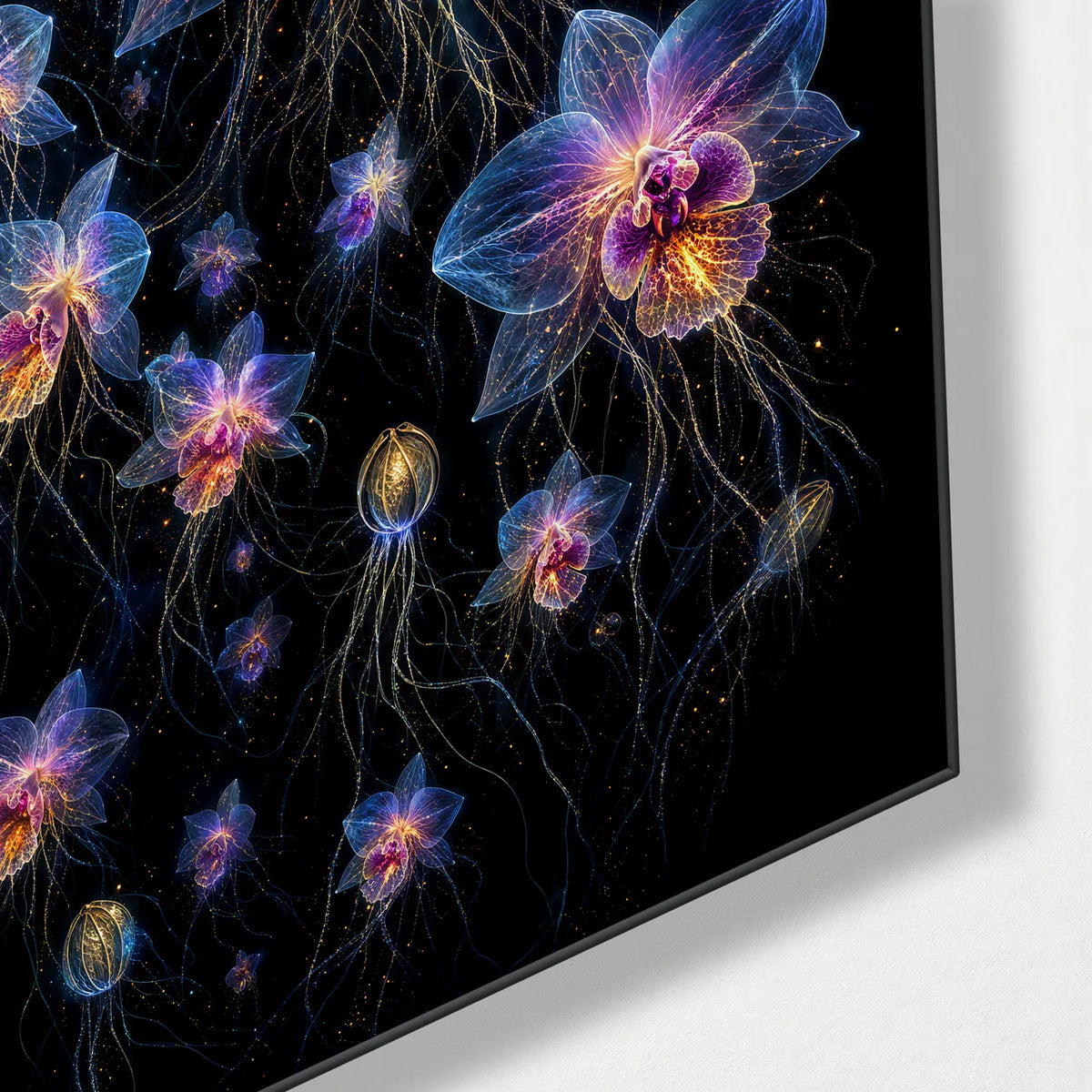 Orchids After Dark — corner detail of glass wall art